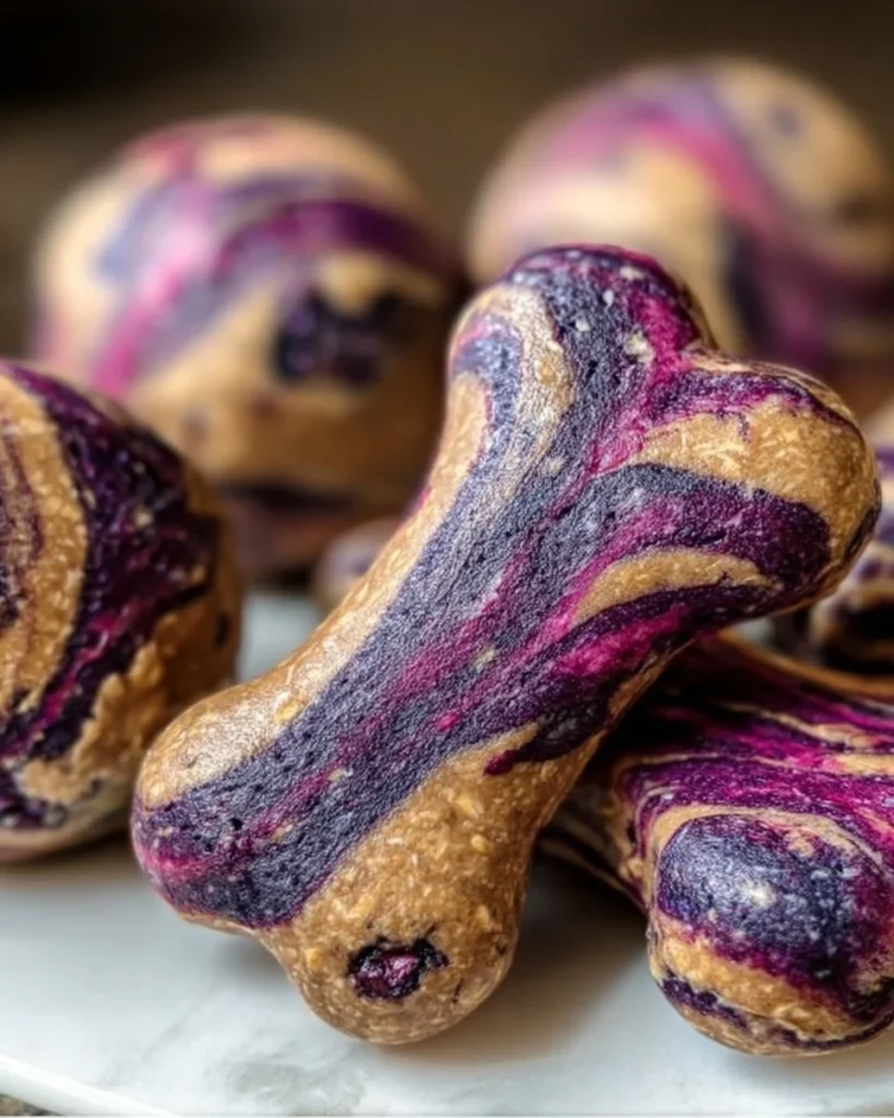 Apple and blueberry Christmas bone treats for dogs on a festive background