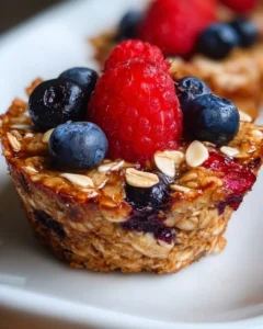 Delicious baked oatmeal cups topped with fresh berries for a healthy breakfast.