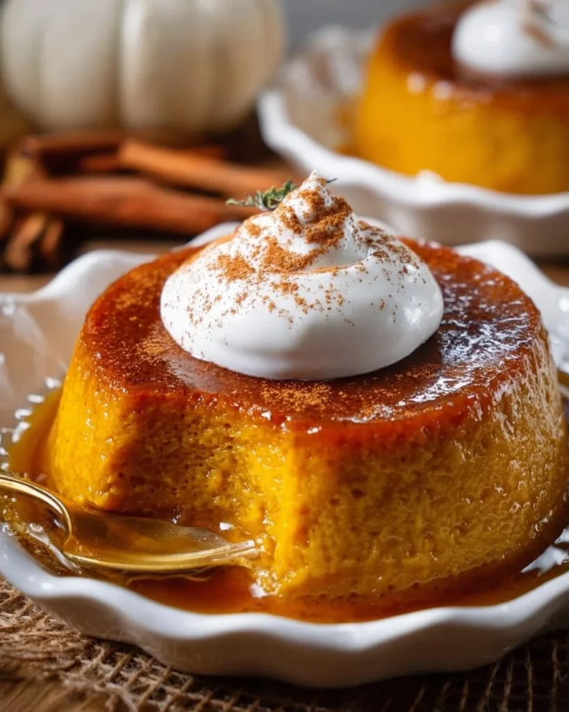 Delicious baked pumpkin pudding served in a bowl with whipped cream on top.