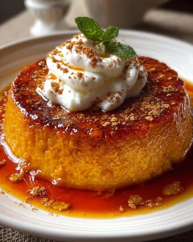 Delicious baked pumpkin spice pudding served in a rustic dish with autumn spices.