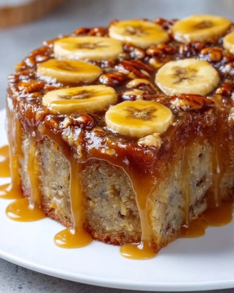 Delicious Banana Upside Down Cake with caramelized bananas and golden crust