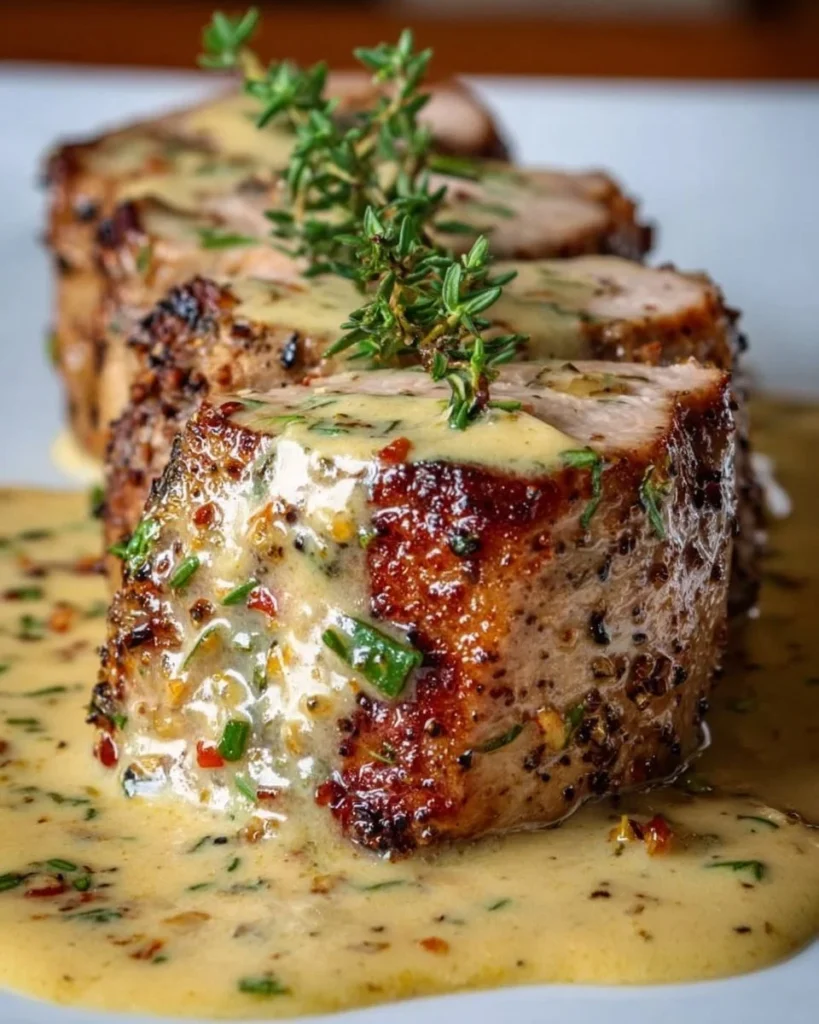 Pork tenderloin served with a rich Dijon mustard cream sauce