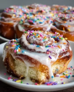 Delicious birthday cake cinnamon rolls topped with colorful sprinkles