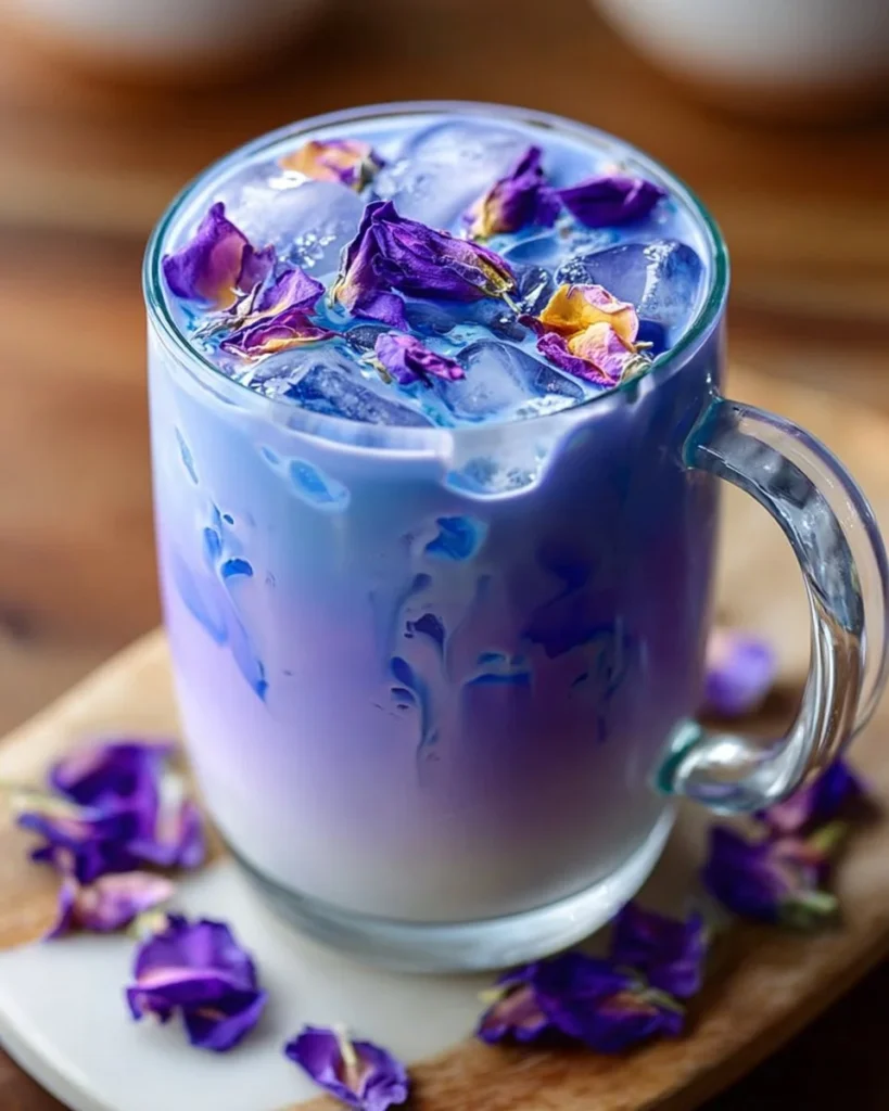 A refreshing Blue Tea Latte served in a glass, showcasing its vibrant color and creamy texture.