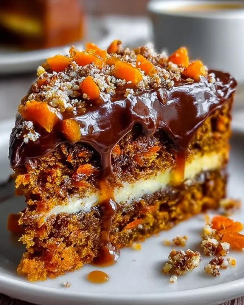 Delicious slice of Brazilian Carrot Cake topped with chocolate frosting