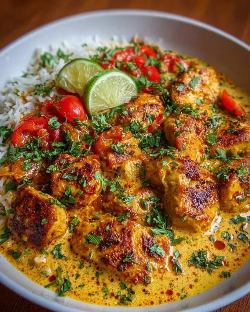 Delicious Brazilian Coconut Chicken served with fresh herbs and spices