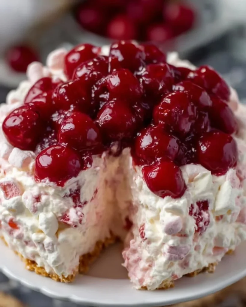 Delicious Cherry Cheesecake Fluff dessert in a glass with cherries on top.