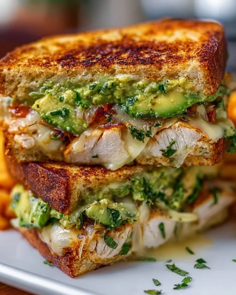 Chicken Avocado Melt Sandwich with chicken, avocado, and cheese on toasted bread.