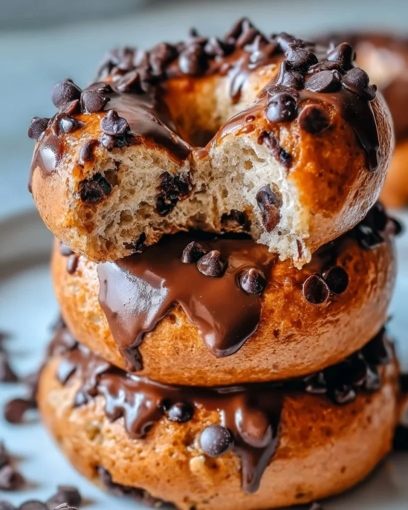 Delicious chocolate chip protein bagels stacked on a wooden board