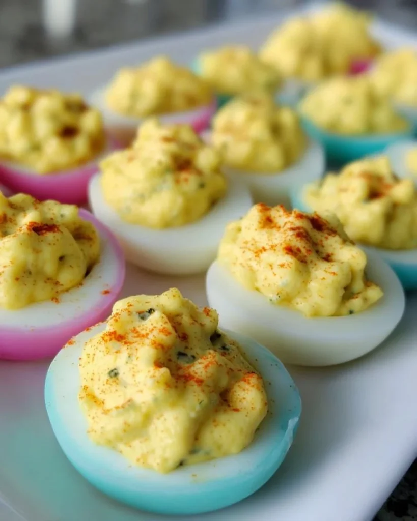 Vibrant colored deviled eggs arranged on a plate for Easter celebration