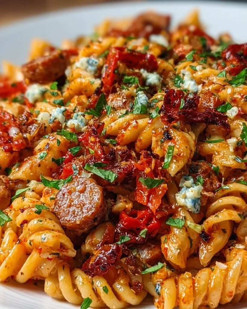 Delicious creamy red wine sausage pasta dish served with herbs