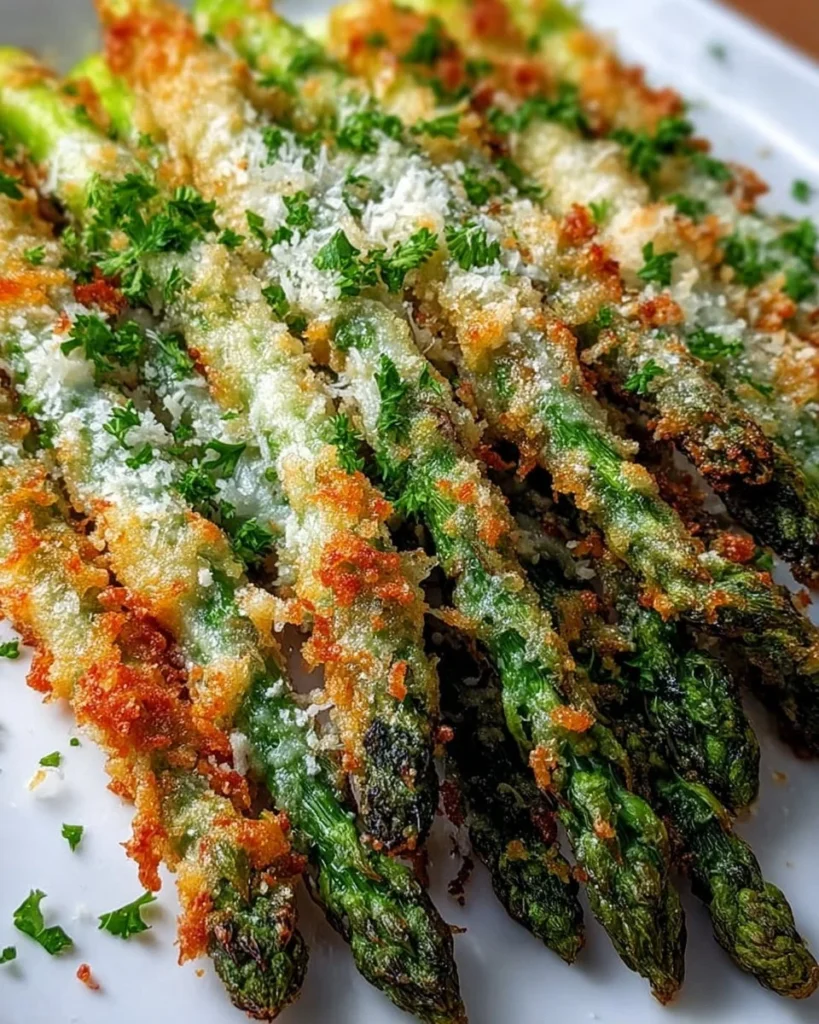 Crispy asparagus Asiago spears garnished and ready to serve
