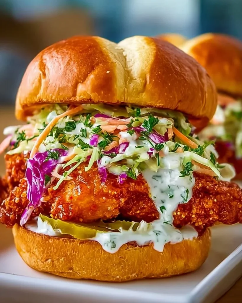 Crispy Buffalo Chicken Sandwich served with tangy ranch slaw