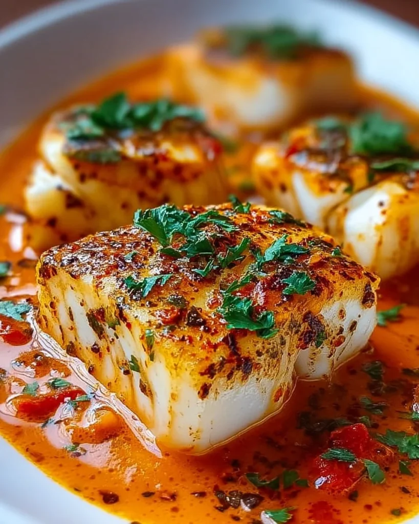 Plate of cod fillet in roasted red pepper sauce, garnished and served.