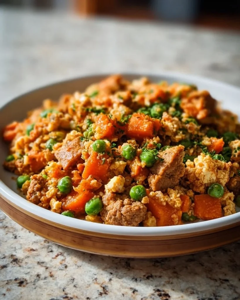 A bowl of homemade dog food made with fresh ingredients
