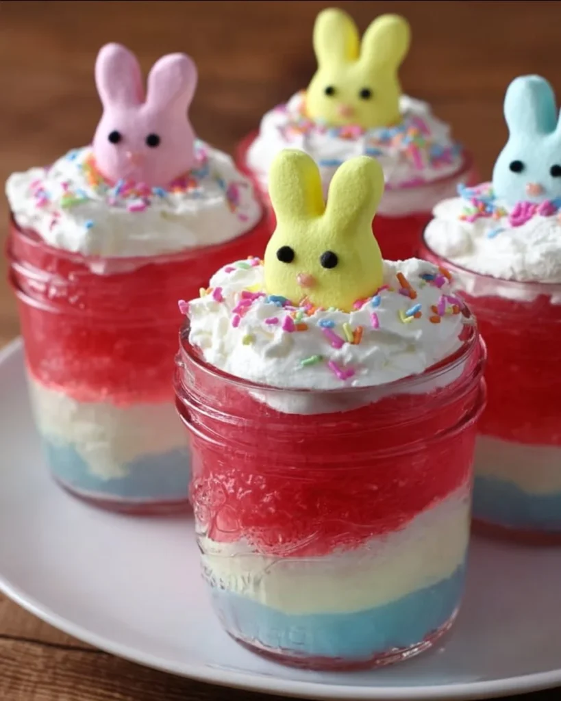 Colorful Easter Bunny Parfait with layers of yogurt, fruit, and bunny toppings