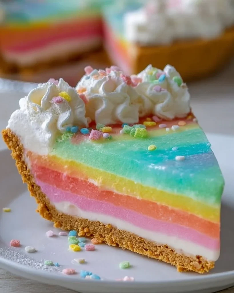 Easter no bake jello pie with colorful layers and whipped cream topping