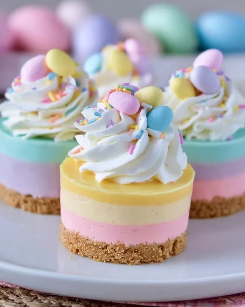Easter no-bake mini cheesecakes topped with colorful decorations