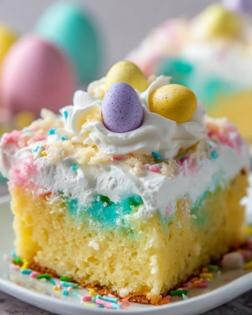 Easter Poke Cake topped with colorful frosting and Easter-themed decorations
