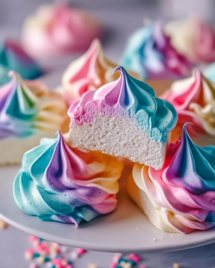 Colorful and light Jello meringue cookies on a plate, a delicious treat.