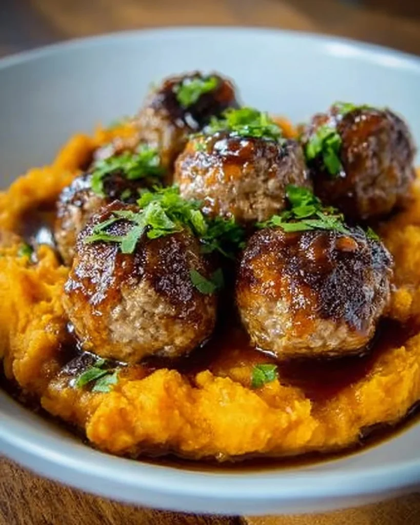 Irresistible pork meatballs with sweet potato mash and bourbon-maple sauce