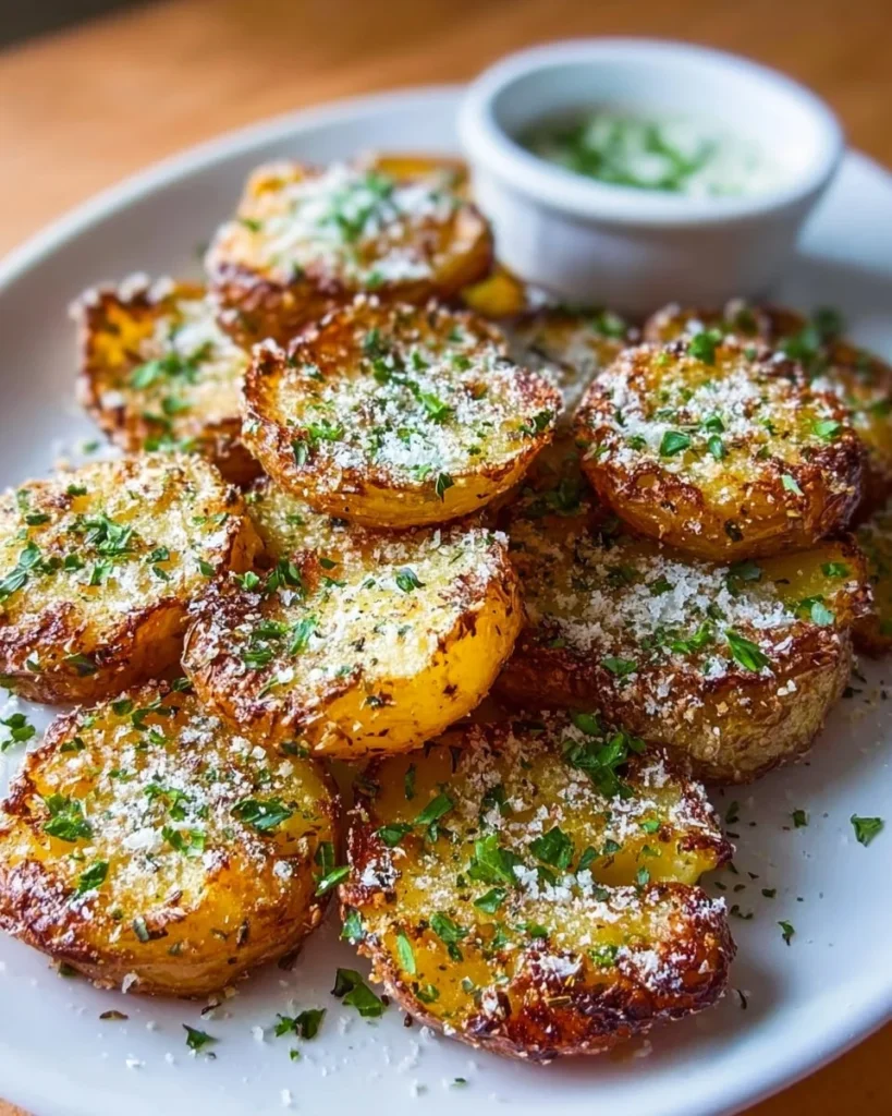 Creamy garlic parmesan smashed potatoes garnished with parsley