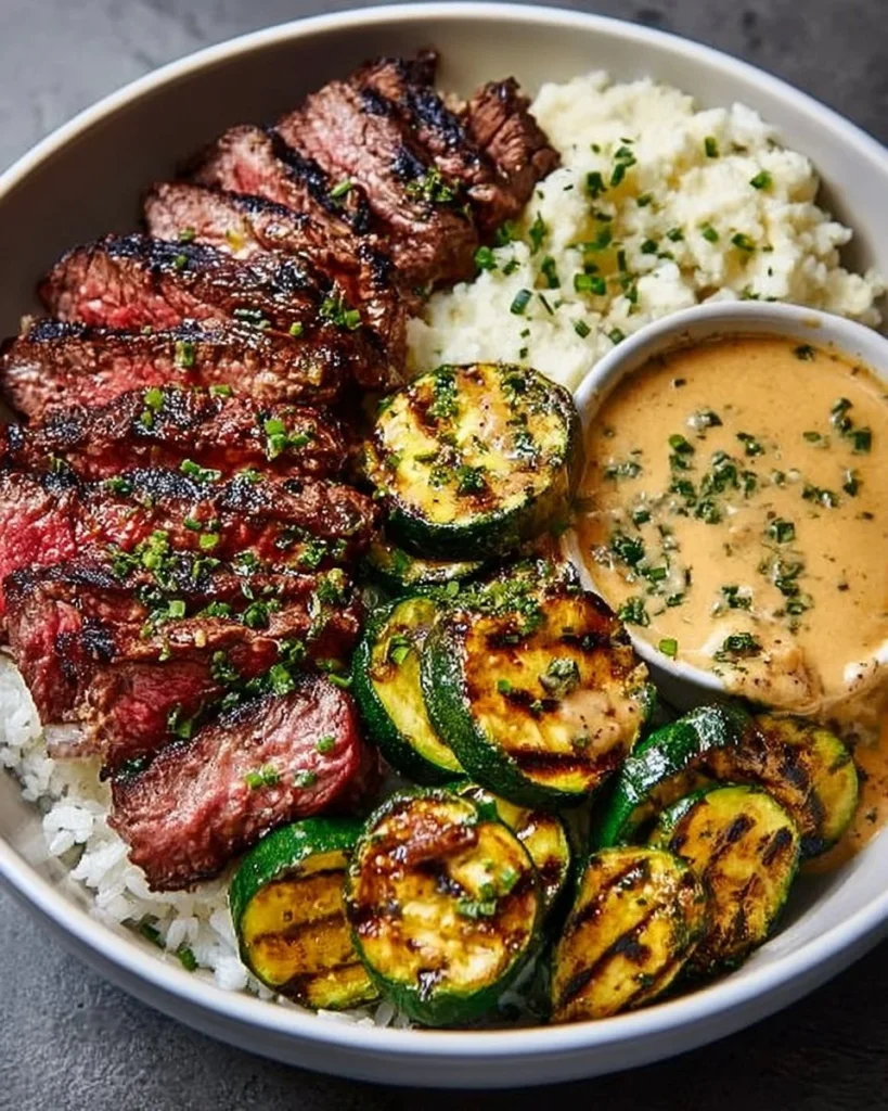 Delicious grilled steak bowl with sauce and grilled zucchini served in a bowl