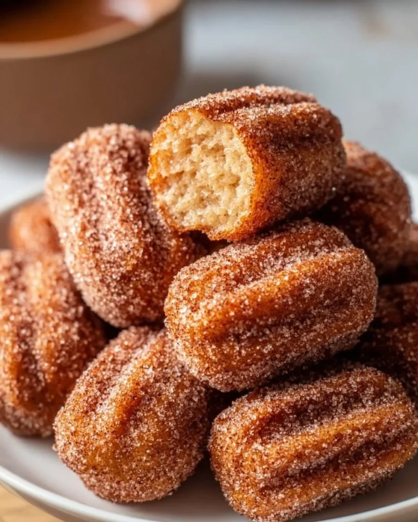 Delicious healthy baked churro bites served on a plate with cinnamon sugar