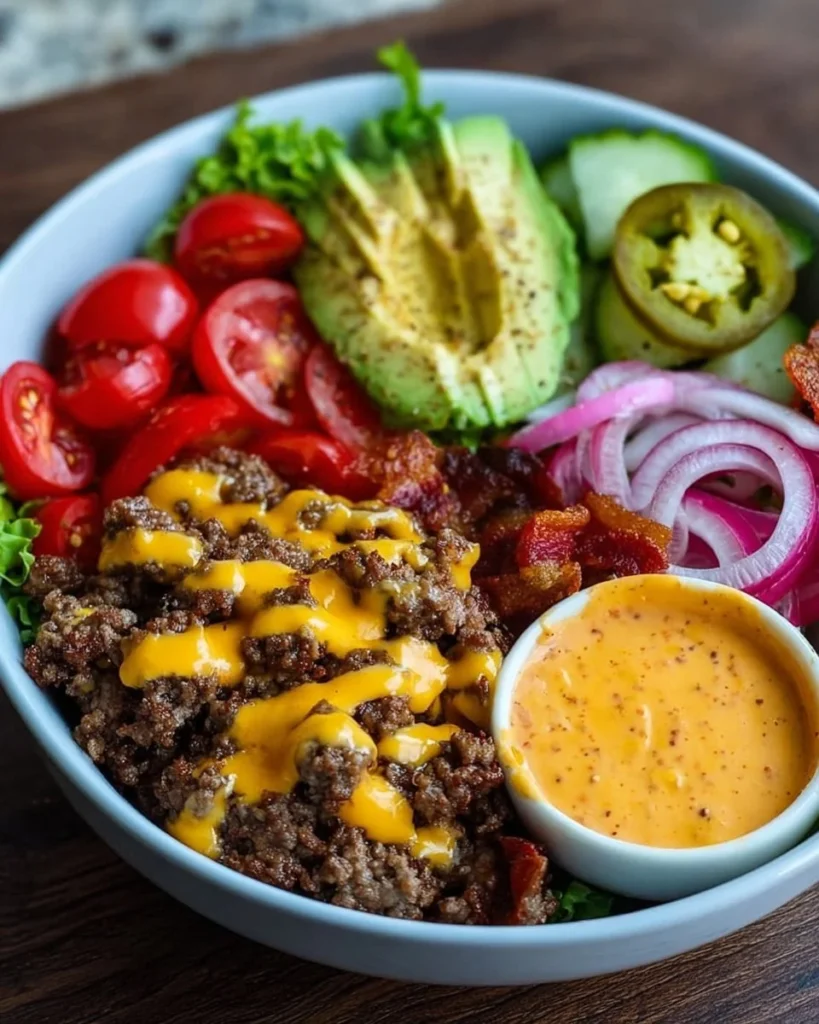 High-protein cheeseburger bowls with ground beef, low-carb meal prep, and burger sauce
