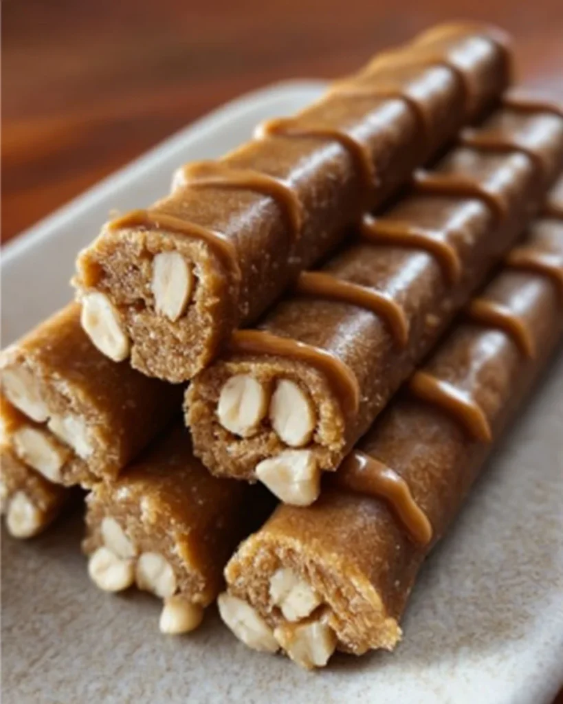 Homemade banana and peanut butter dog chew sticks on a wooden surface