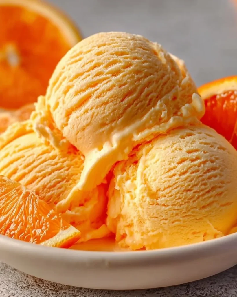 Bowl of homemade orange ice cream topped with fresh orange slices