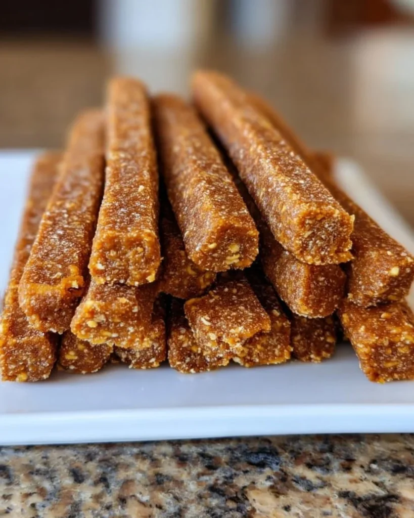 Homemade pumpkin and oatmeal dog snack sticks for healthy pet treats