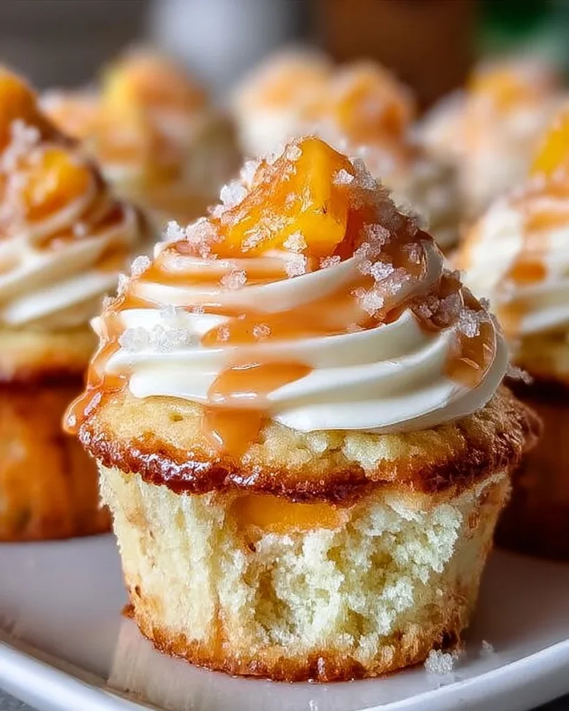 Delicious honey peach cream cheese cupcakes topped with vibrant peach slices