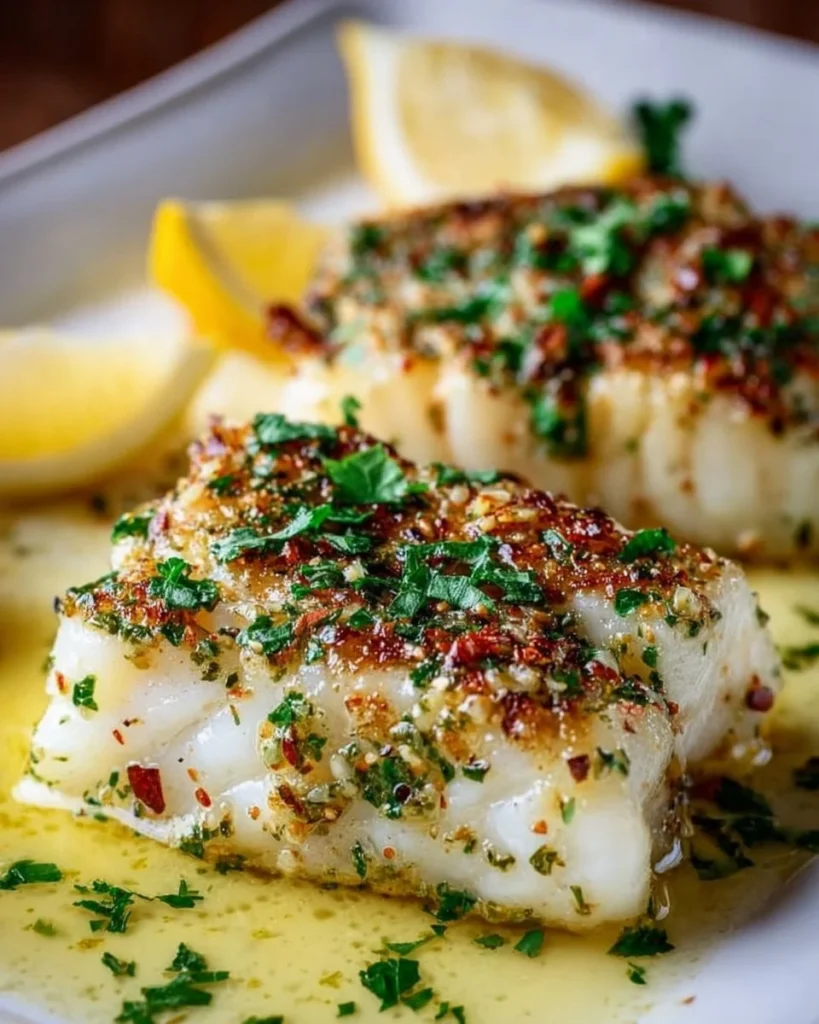 Plate of lemon garlic butter cod garnished with herbs and lemon slices