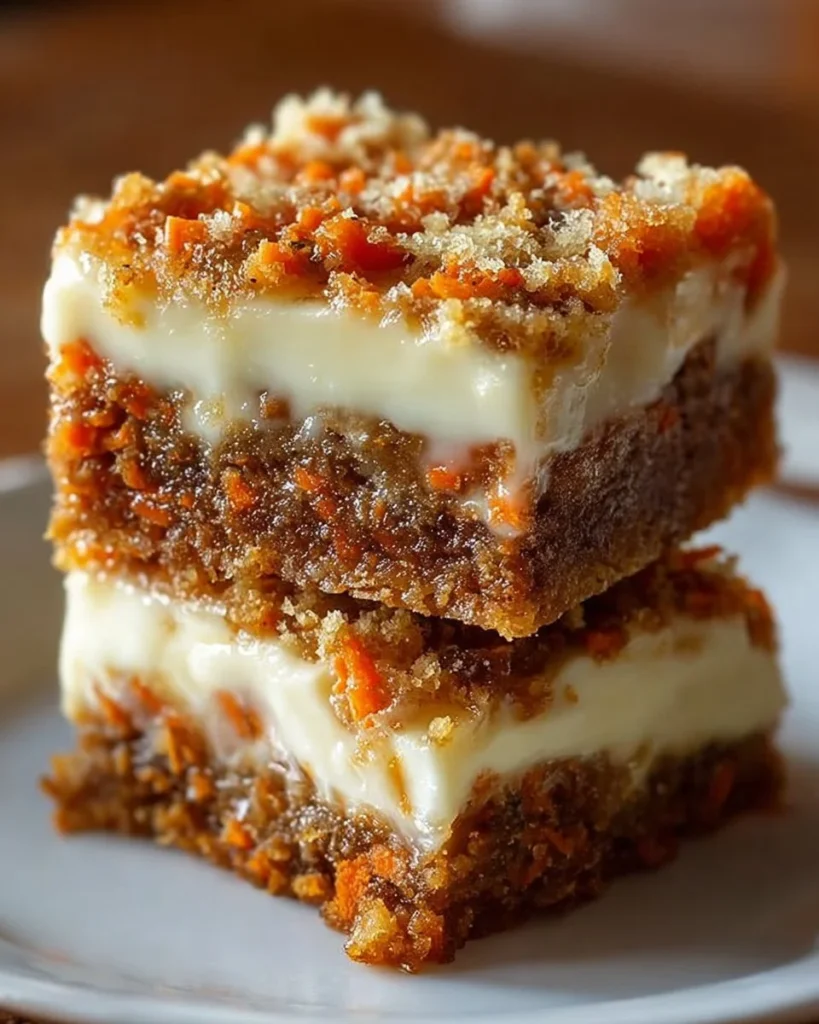 Deliciously moist carrot cake cream cheese bars topped with a creamy frosting.