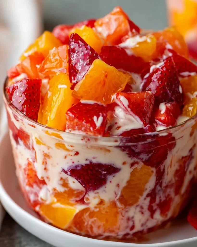 Colorful Jello Fruit Salad made with fresh fruit and vibrant jello.