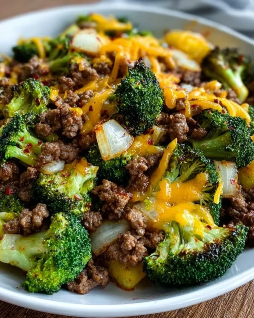 Keto Hamburger Broccoli Skillet with cheese and seasonings