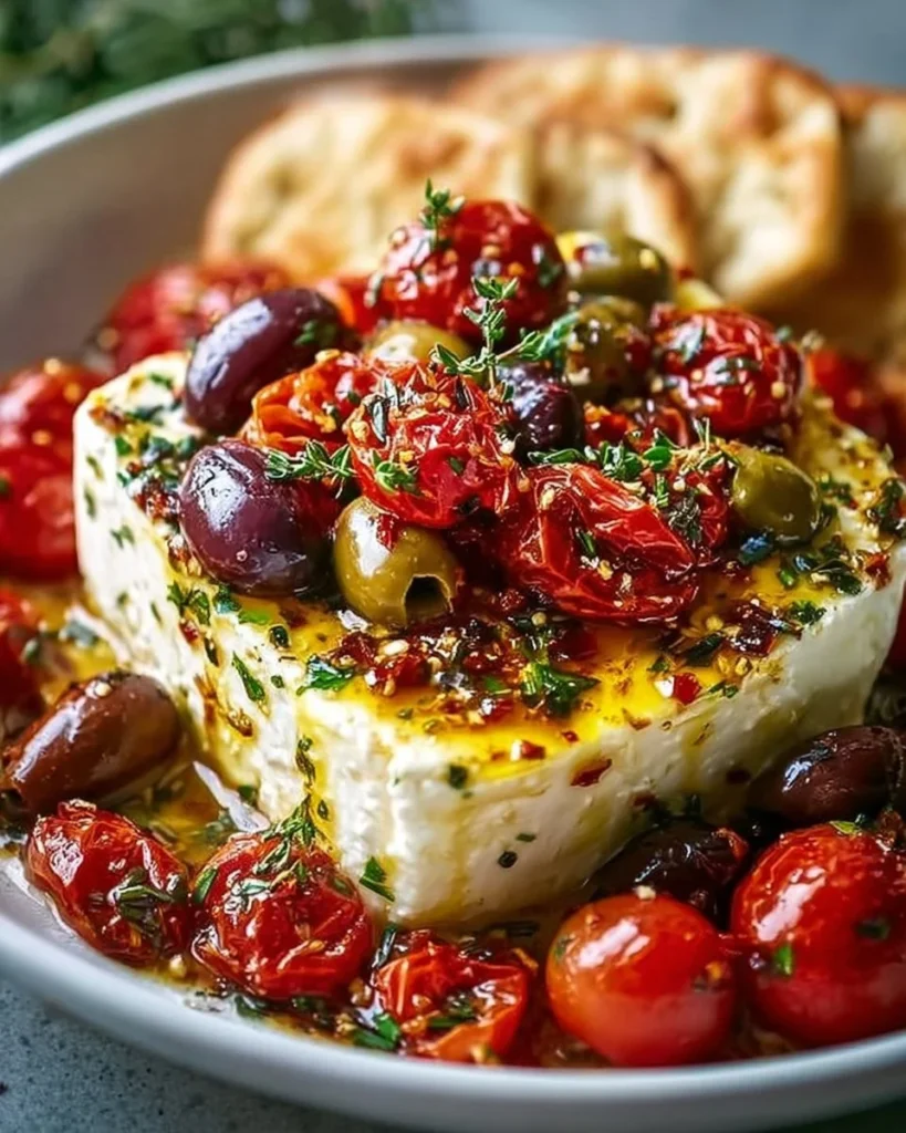 Delicious Mediterranean Baked Feta appetizer served with bread and herbs