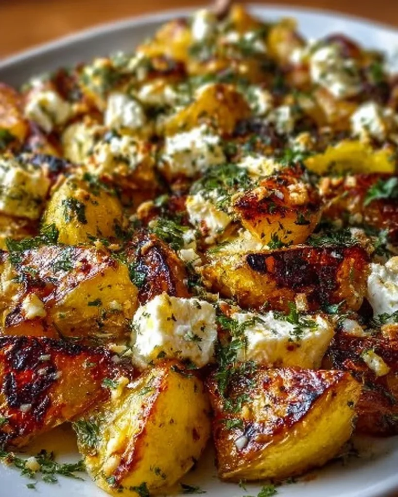 Mediterranean feta potato dish garnished with herbs and spices