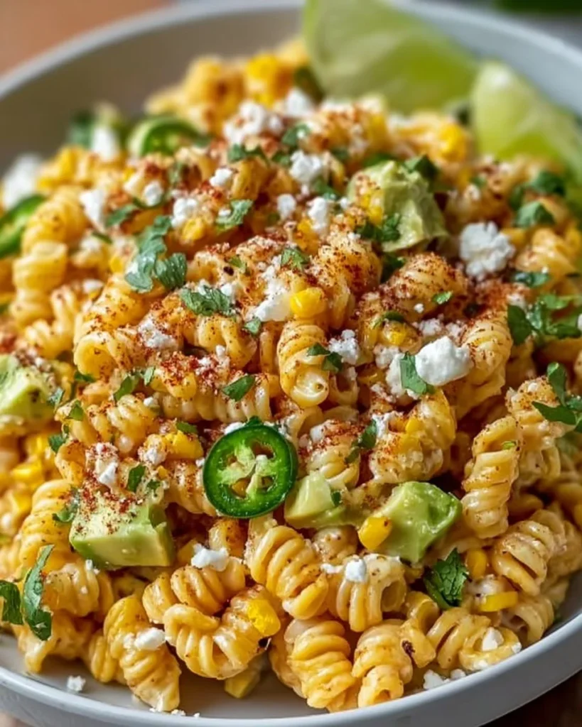 Colorful Mexican street corn salad served in a bowl with pasta and fresh ingredients.