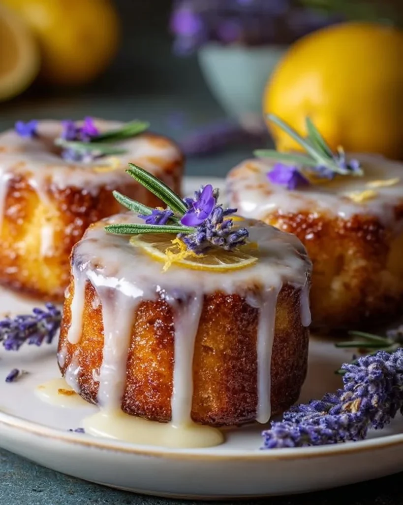 Mini lemon cakes with lavender glaze on a decorative plate.