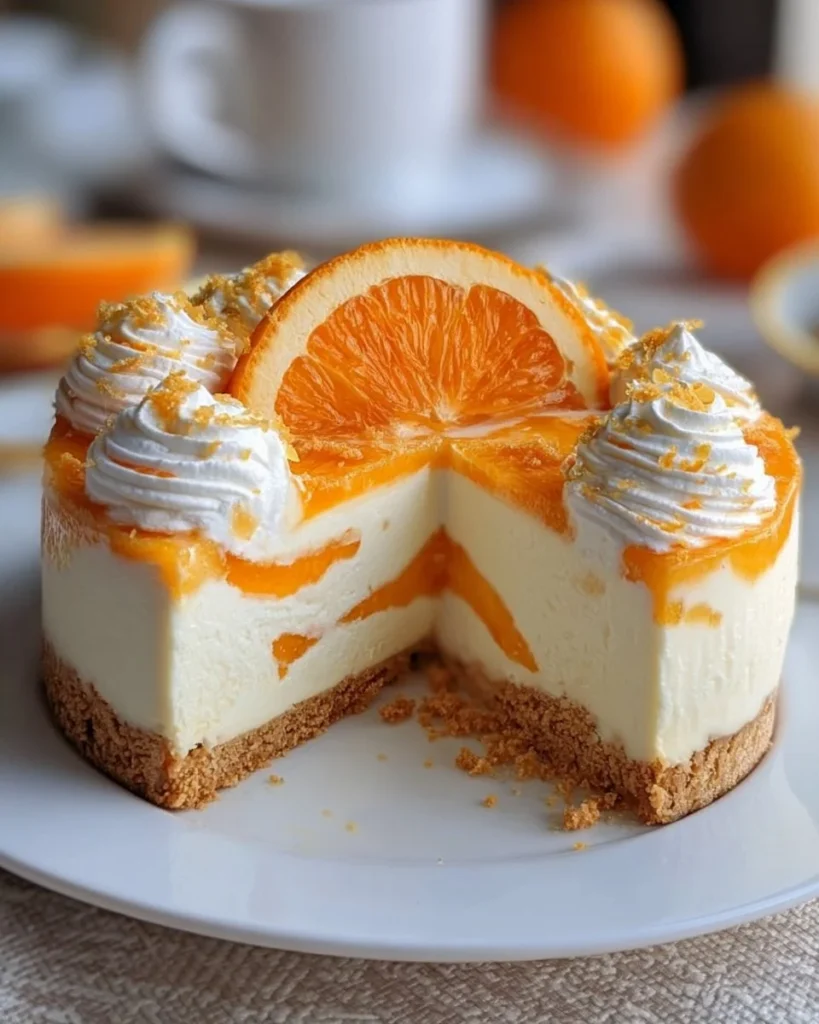 No-Bake Orange Creamsicle Cheesecake topped with whipped cream and orange slices