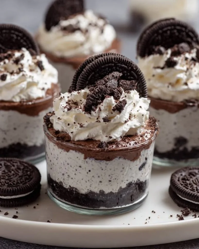 Delicious Oreo No-Bake Cheesecake Cups topped with crushed Oreo cookies