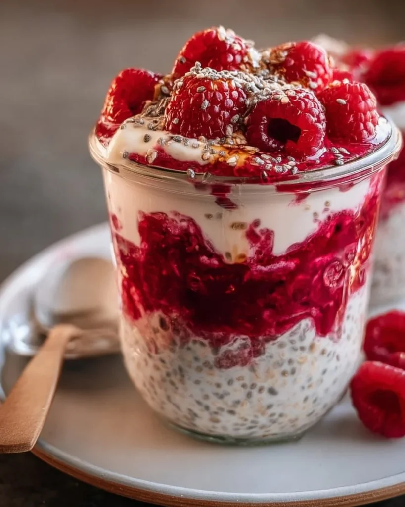 Overnight oats with raspberry and chia seeds in a bowl