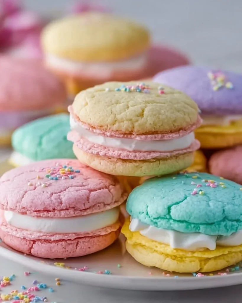 Pastel sugar cookie sandwiches with creamy filling displayed on a plate