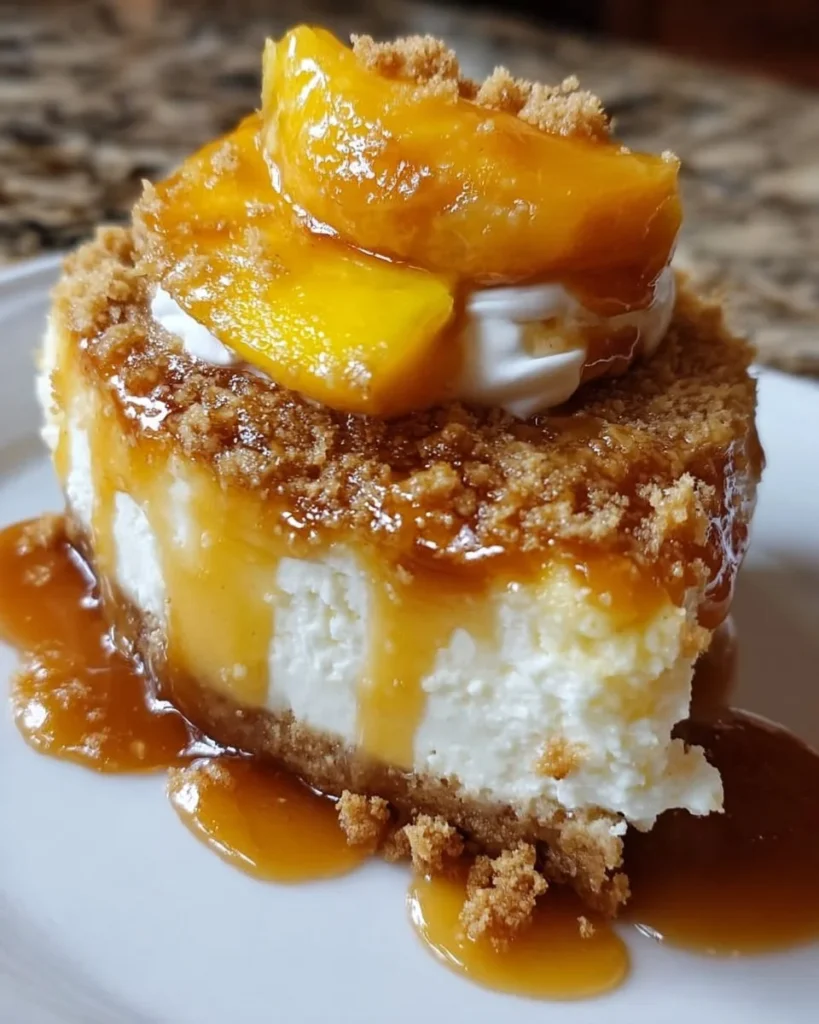 Peach cobbler cheesecake topped with fresh peaches and crumble