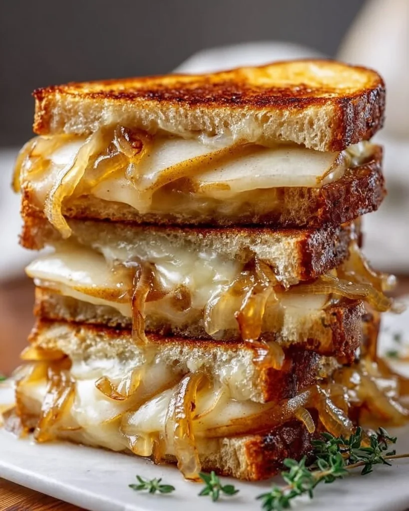 Pear & Apple Grilled Cheese sandwich topped with caramelized onions