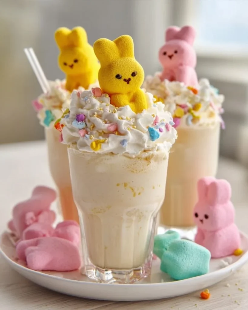 Peeps Marshmallow Milkshake topped with colorful marshmallow treats