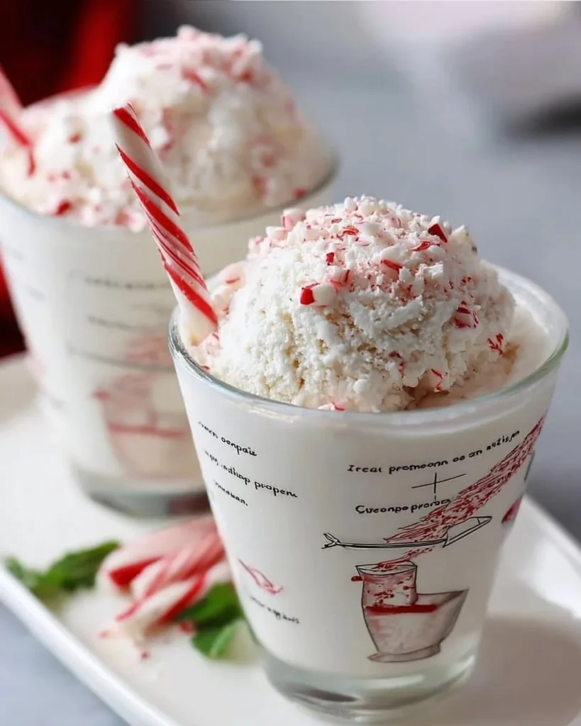 Bowl of creamy peppermint ice cream with crushed candy canes on top.