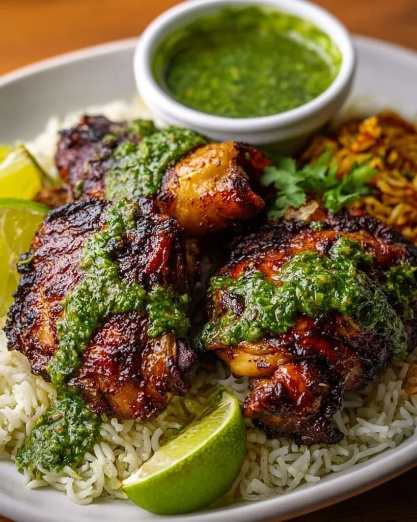 Delicious Peruvian chicken served with rice and green sauce on a plate.